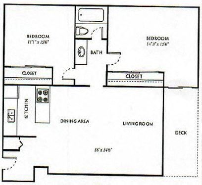 Floor plan for 2 beds, 1 bath, 790 sqft